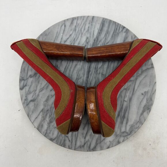 Tory Burch Joelle Platform Pump Womens 8 Linen Patchwork Wood Heel Round Toe - Picture 7 of 11